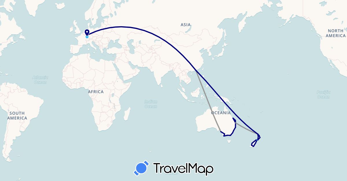 TravelMap itinerary: driving, plane, boat in Australia, Germany, France, New Zealand (Europe, Oceania)